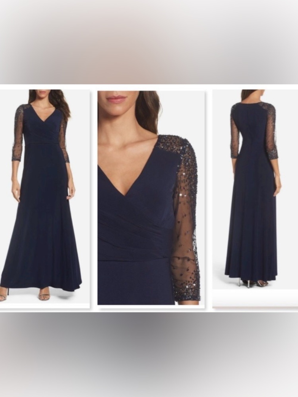 Adrianna Papell Navy Long Sleeve V‑Neck Evening Gown with Beaded Sheer Sleeves